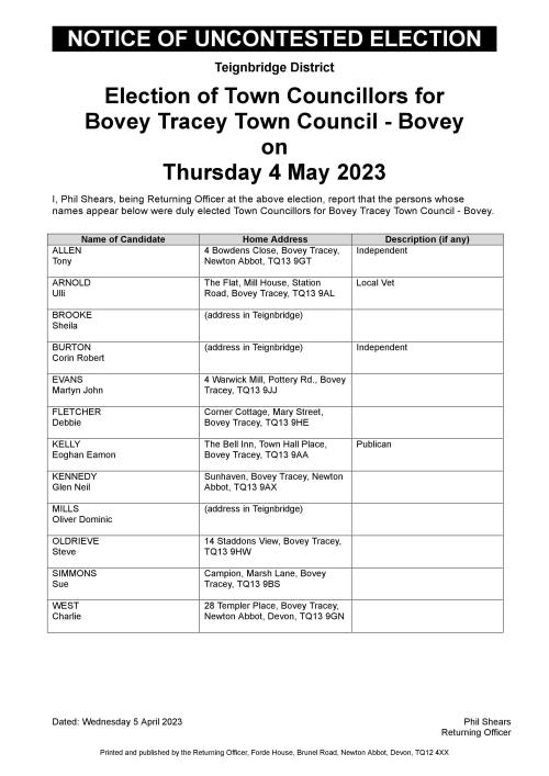 Notice of Uncontested Election - Bovey Tracey & Heathfield 2023 image 1